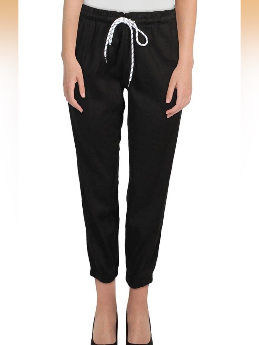 Monrow Black Linen Blend Drawstring Jogger Pants Size L Made in USA Womens